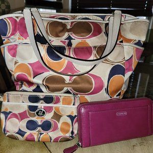 Multicolor Large Coach Bag, Matching Wristlet & Dark Pink Wallet